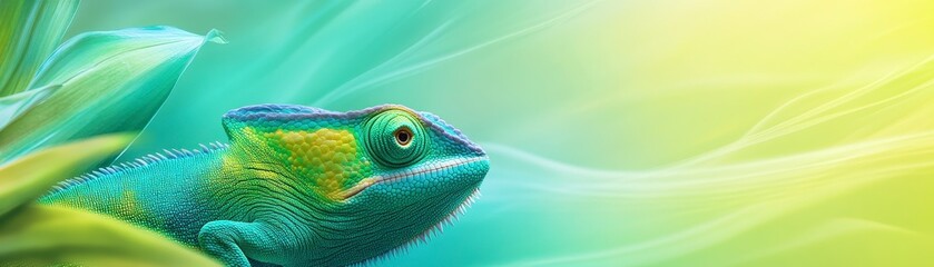 Fototapeta premium A vibrant chameleon blends into a colorful background, showcasing its unique texture and vivid colors in a serene natural setting.