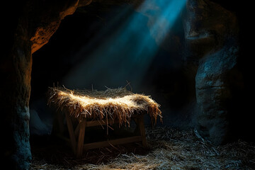 A cave, where a significant event took place, is filled with an empty manger and hay, illuminated by soft light from above.high quailty image
