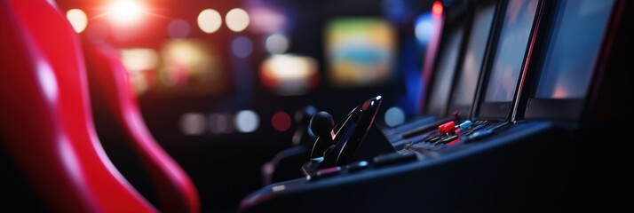 An arcade setup with bright lights and gaming machines, evoking a sense of nostalgia and entertainment.
