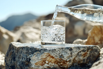 Bouteille versant de l 'eau dans un verre posé sur un rocher en extérieur