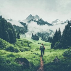 Fototapeta premium A hiker explores a misty mountain landscape surrounded by lush greenery.