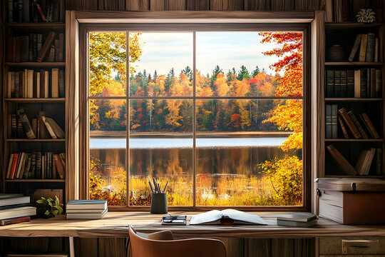 Scenic Fall lake background Online webinar teams meeting interior home office study and bookshelf virtual room window view backdrophigh quailty image