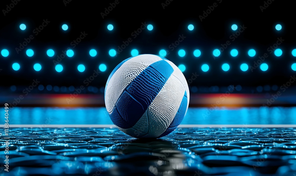 Poster dynamic close-up view of a volleyball on a shiny surface with bright lights in background