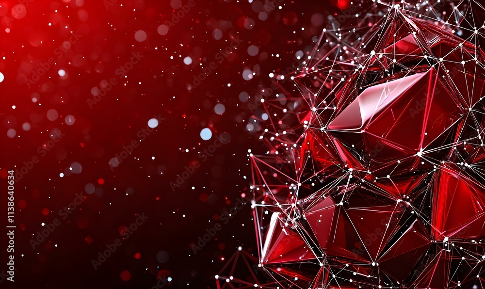 Poster abstract red polygon network technology background with connecting lines and dots