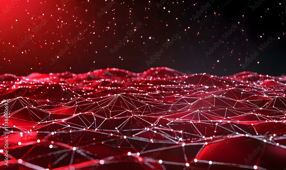 Poster vibrant abstract red polygonal network with connecting lines and dots over a dark background