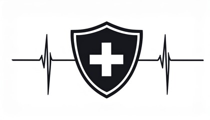 Obraz premium Black Shield with Medical Cross and ECG Heartbeat Line Symbolizing Health Protection, Emergency Care, Healthcare Security, and Medical Monitoring Concept for Clinics, Hospitals, and Safety Branding
