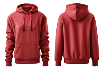 A red hoodie with a front pocket and adjustable drawstrings, showcasing both front and back views. Transparent PNG.