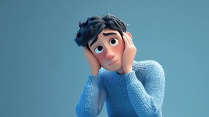 A 3D cartoon-style young man wearing a blue shirt and sweater, sitting with his head in his hands, expressing sadness and disappointment, on a soft light blue background.