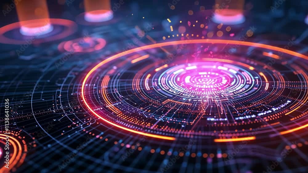 Poster futuristic motherboard with glowing particles and light trails forming a circular pattern, represent