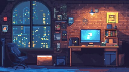 Pixel art gaming setup with monitor, desk, and futuristic cyberpunk interior. Retro gaming workspace with detailed neon lighting and equipment. Concept of gamer room and technology design
