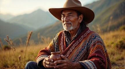 Person in Traditional Attire Sitting in a Mountainous Field