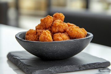 Chicken Popcorn are small slices of chicken that were coated breading and deep fried closeup in the slate dish on the table. Horizontal 