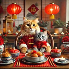 Elegant cats enjoying dumplings at a beautifully decorated Chinese dinner table