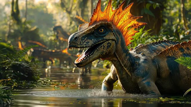 A Parasaurolophus explores a tranquil river surrounded by dense foliage, showcasing its distinctive crest. The prehistoric creature interacts with its lush habitat in a vibrant ecosystem.