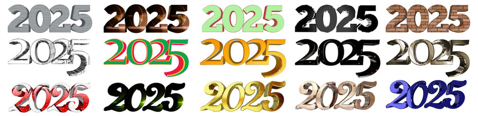 Collection of 3D render 2025 text isolated on a transparent background,  for christmas, new year and seasonal holiday celebration.