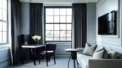 Modern hotel room with city view, desk, sofa, and large window.