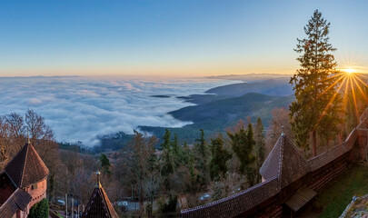 Sunset view over clouds and Black Forest from Chateau du Haut-Koenigsbourg