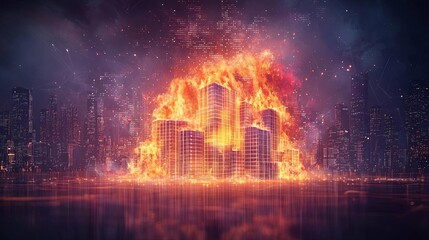 Fototapeta premium A dramatic scene of skyscrapers engulfed in flames under a starry sky.