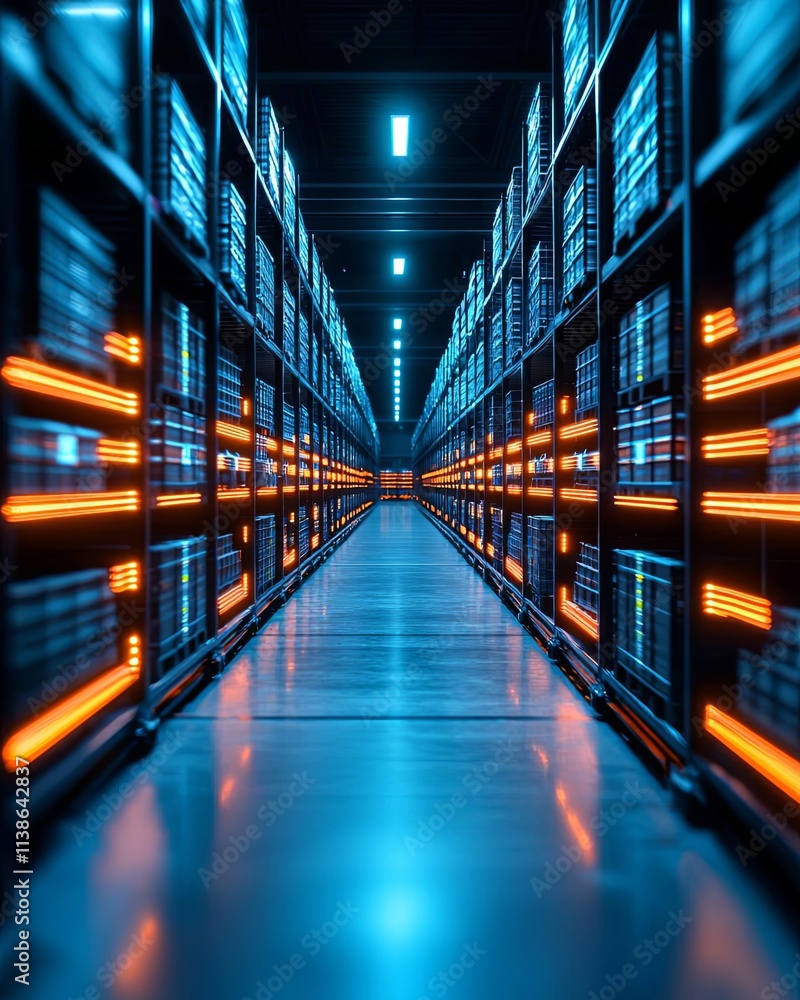 Poster a futuristic data center corridor with glowing lights and sleek server racks.