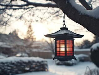A lantern hangs from a snow-covered branch at sunset, illuminating the scene.