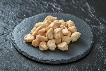 Fototapeta premium Chicken Popcorn are small slices of chicken that were coated breading and deep fried closeup in the slate dish on the table. Horizontal 