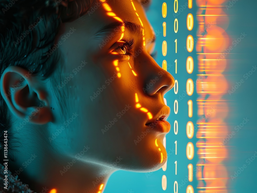 Poster a young boy with light skin gazes thoughtfully, illuminated by glowing binary code patterns, evoking