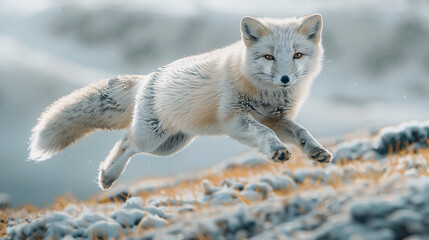 Fototapeta premium Arctic Fox Captured Mid-Leap Over Snowy Terrain in Winter Landscape
