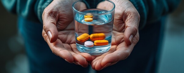 Healthcare Harmony: Close-Up Hands Holding Medication and Water Glass for Optimal Wellness, Pharmaceutical Treatment and mental health treatment, Generative AI