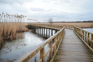 Long wooden footbridge stretching over a wetland area, with reeds growing along the water
