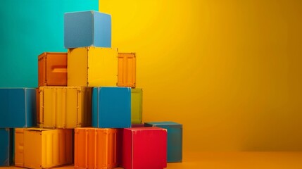Obraz premium Stacked colorful blocks against a bright yellow background