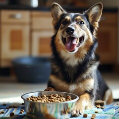 photo a mongrel dog happily eating its kibble, surrounded by a comfortable and homey environment