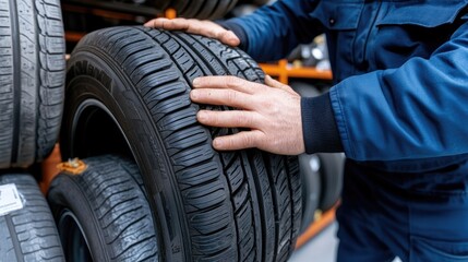 Worker in uniform and gloves retrieves a car tire from a storage rack in a warehouse filled with rubber tires