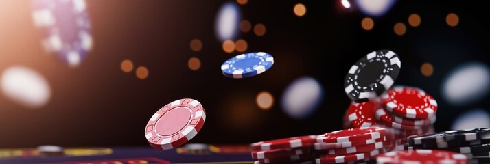 A colorful display of poker chips as they spin and tumble through the air in a moment of suspense.