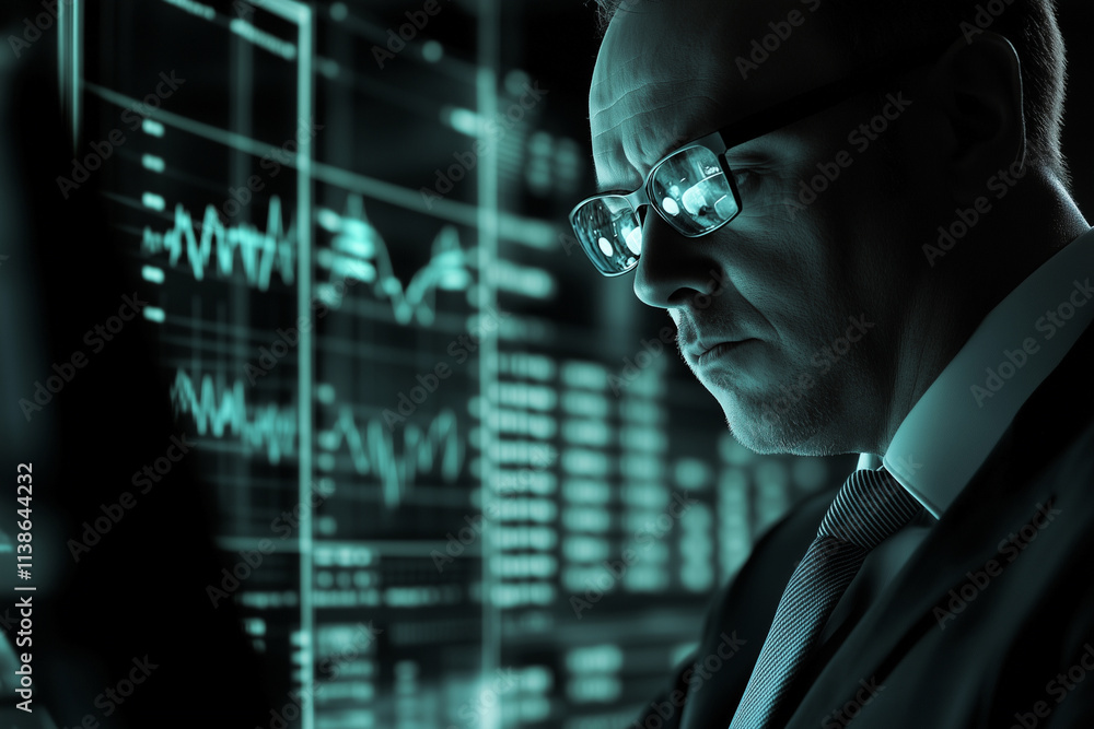 Poster man in a suit is looking at a computer screen with a lot of numbers and graphs. he is focused and se