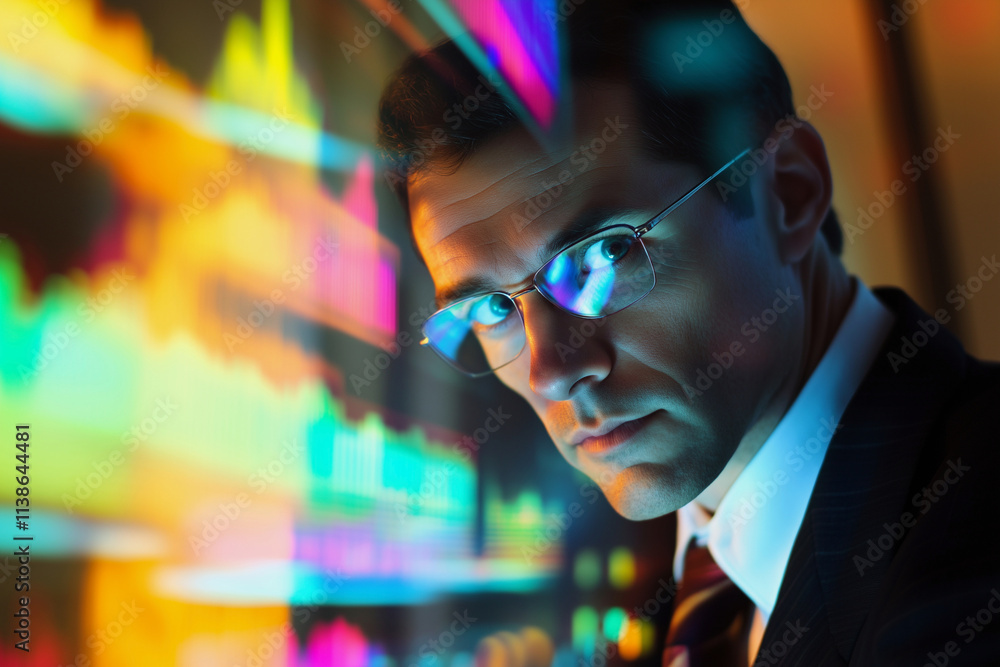 Poster man is looking at a computer screen with a lot of numbers and graphs. he is wearing glasses and he i