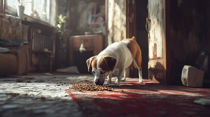 photo a mongrel dog happily eating its kibble, surrounded by a comfortable and homey environment