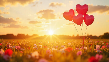 Fototapeta premium Heart-Shaped Balloons in a Flower Field at Sunset, Symbolizing Love and Romance