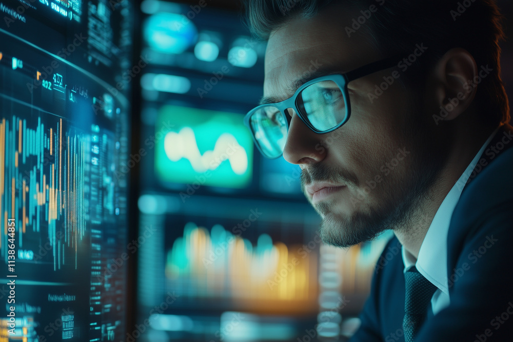 Poster man wearing glasses is looking at a computer screen with multiple graphs and numbers. concept of foc