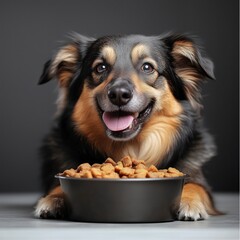 photo a mongrel dog happily eating its kibble, surrounded by a comfortable and homey environment