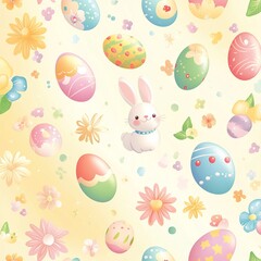 Obraz premium A vibrant Easter-themed vector background featuring colorful eggs, bunnies, and flowers, perfect for festive designs and decorations.