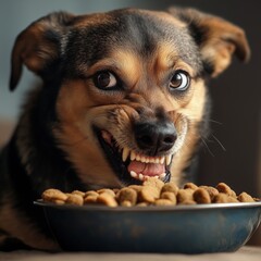 A photo of an evil mutt eating his food surrounded by a comfortable and homely environment. Teeth bared