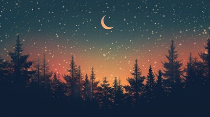Night sky over a pine forest with a crescent moon and stars.