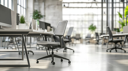 A clean, minimalistic modern office featuring ergonomic chairs, sleek desks, and natural light coming through large windows.  .