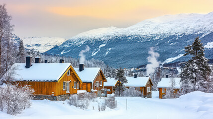 Fototapeta premium Beautiful winter village in the mountains. Wooden houses against the backdrop of snow-capped mountains and forest.