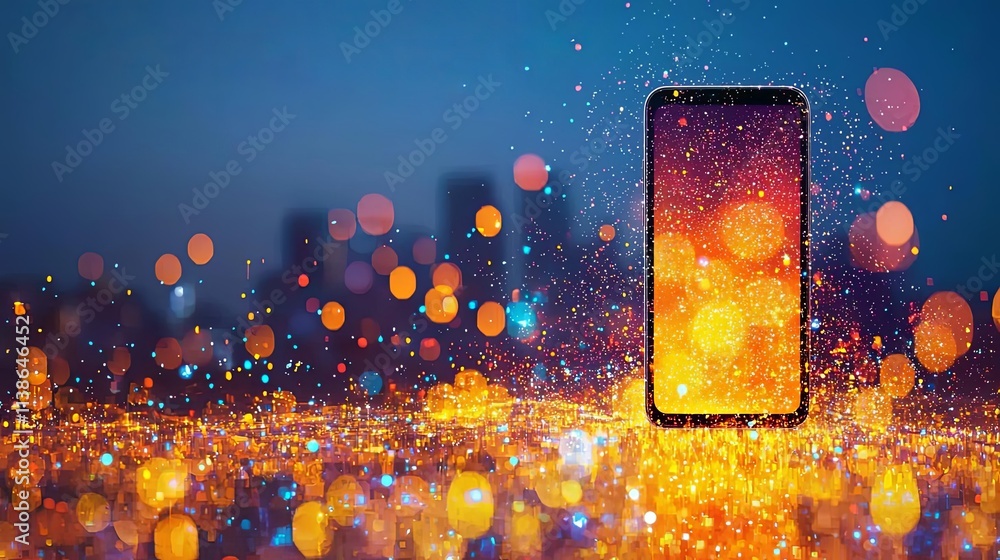 Poster mobile phone displaying colorful lights in a vibrant digital environment.