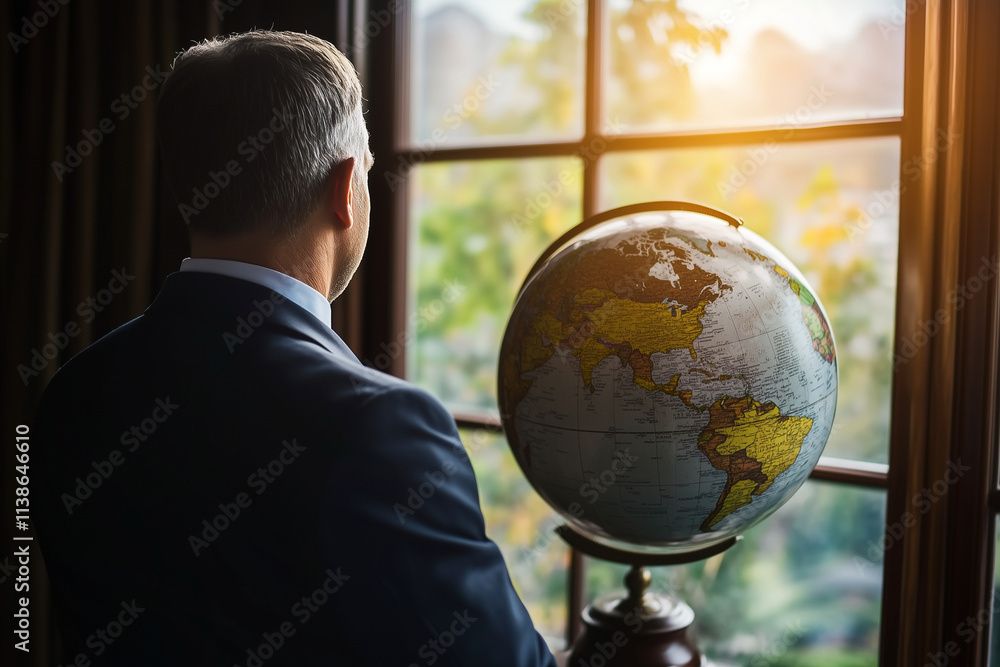 Poster man in a suit is looking out a window at a globe. the globe is on a stand and is the focal point of 