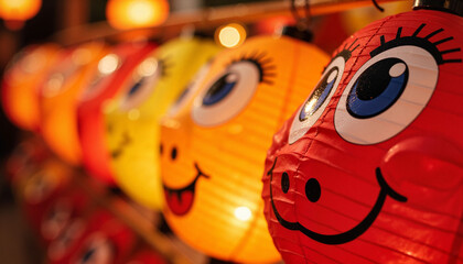Naklejka premium Colorful Lanterns with Smiling Faces at Night During Lantern Festival Celebration