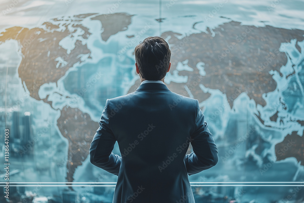 Poster man in a suit is looking out at a map of the world. concept of curiosity and wonder as the man gazes