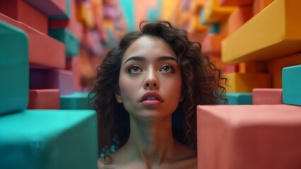 A Woman Navigating a Maze of Thoughts