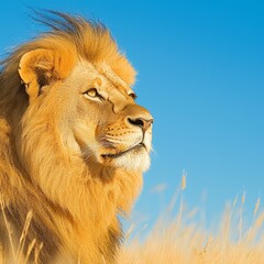 Fototapeta premium A majestic lion gazes into the distance against a clear blue sky.